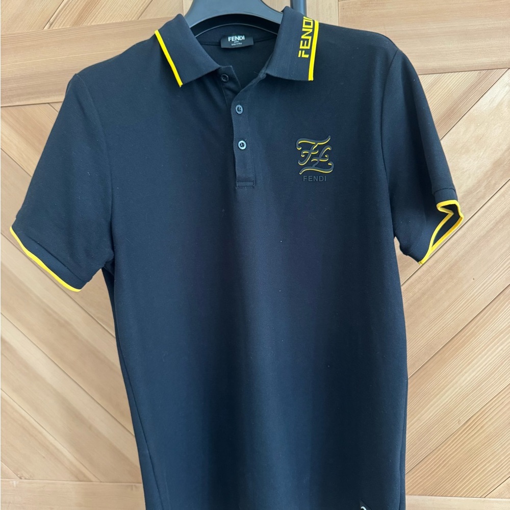 Fendi Black Polo Shirt with Yellow Trim and Logo